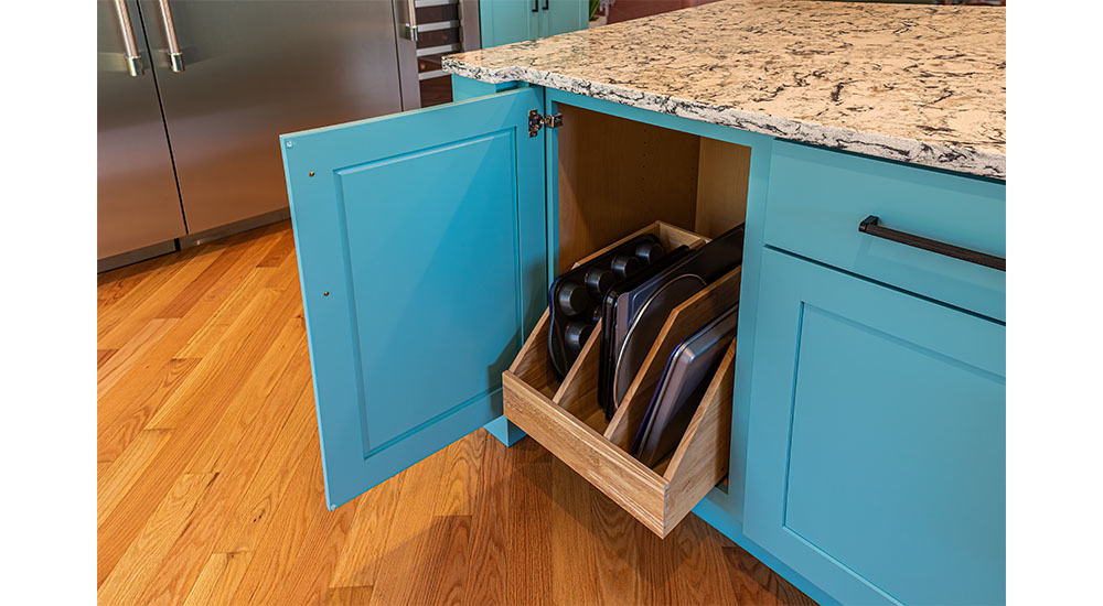 painted kitchen base cabinet with tray divider roll out