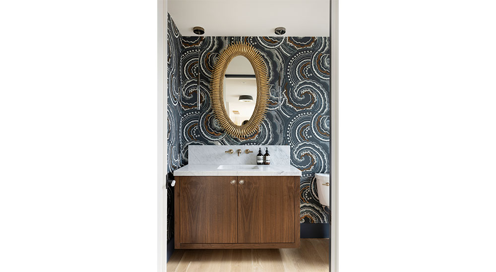 bathroom with color pattern wallpaper