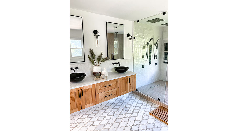 double shower wet room vanity vessel sinks tile floor