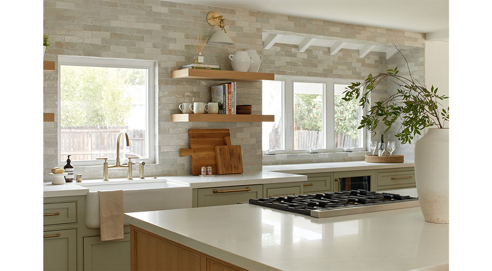 floating shelves on kitchen sink wall