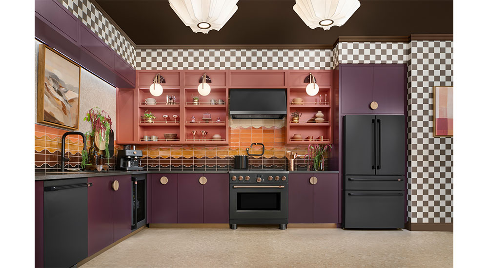 kitchen with burgundy base cabinets cafe appliances and rose upper cabinets by Alena Caplan