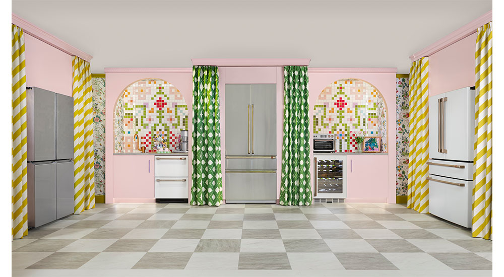 colorful kitchen with white appliances Alena Caplan