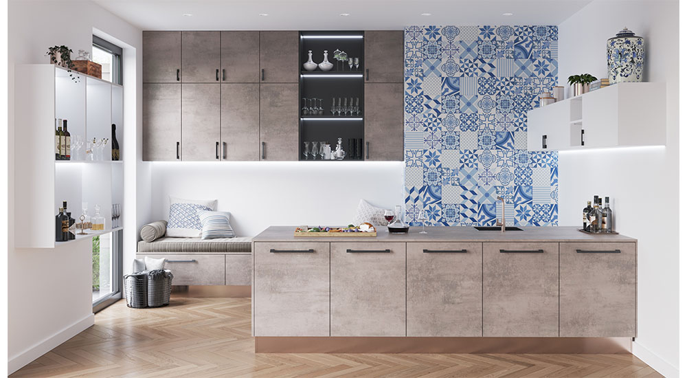 blue delft statement wall in modern kitchen design trend