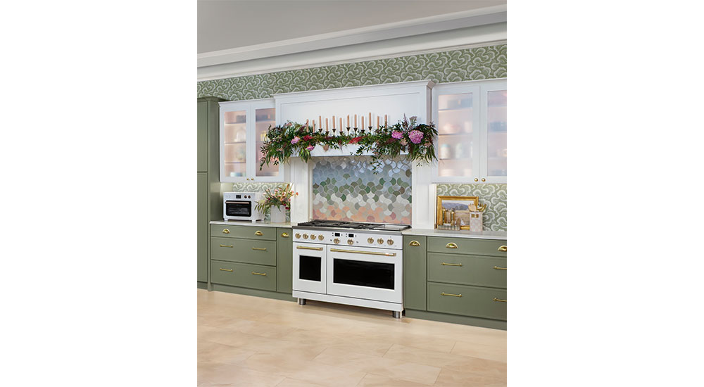 white range with patterned backsplash