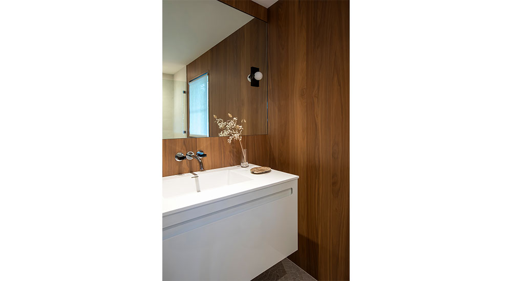 modern bathroom with wood wall
